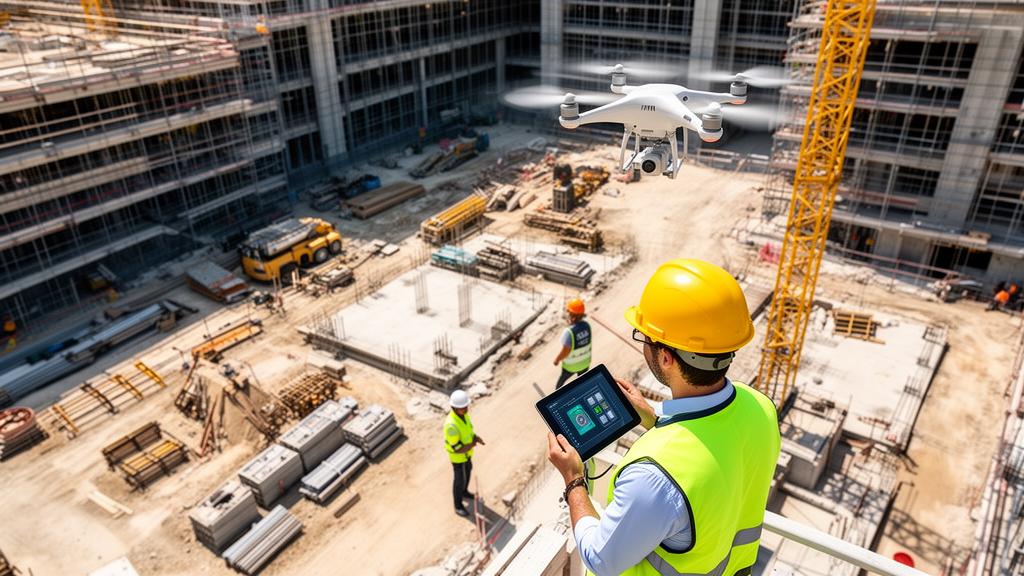 Responsabile di cantiere con tablet e drone per gestione digitale del cantiere edile